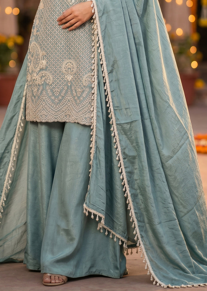Columbia Blue Chinon Silk Sharara Suit with Fine Hand-Beaded Detailing