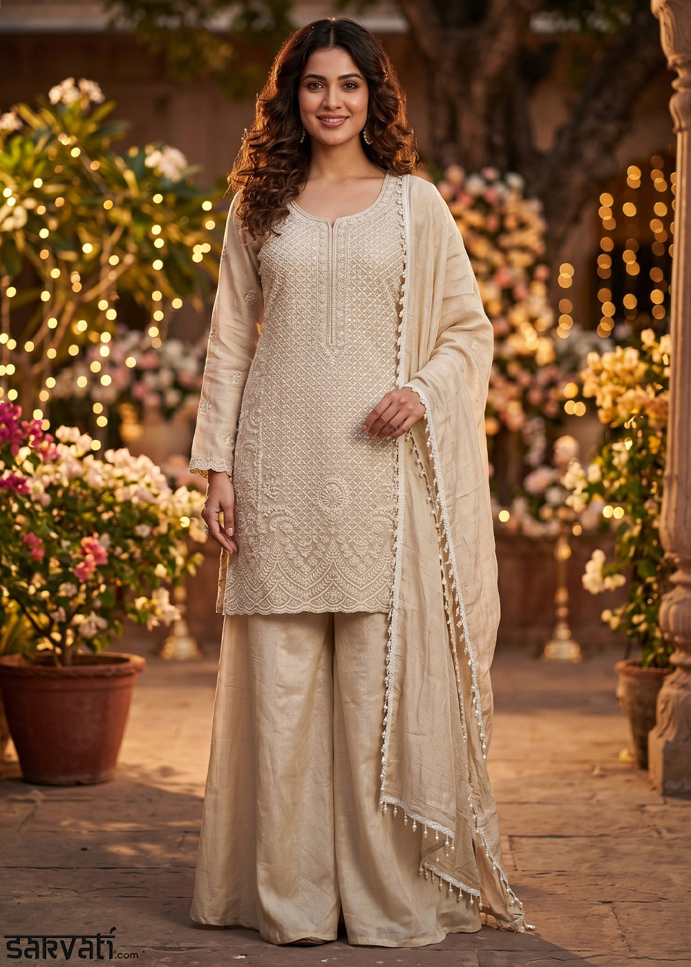 Beige Brown Chinon Silk Sharara Suit with Fine Hand-Beaded Detailing