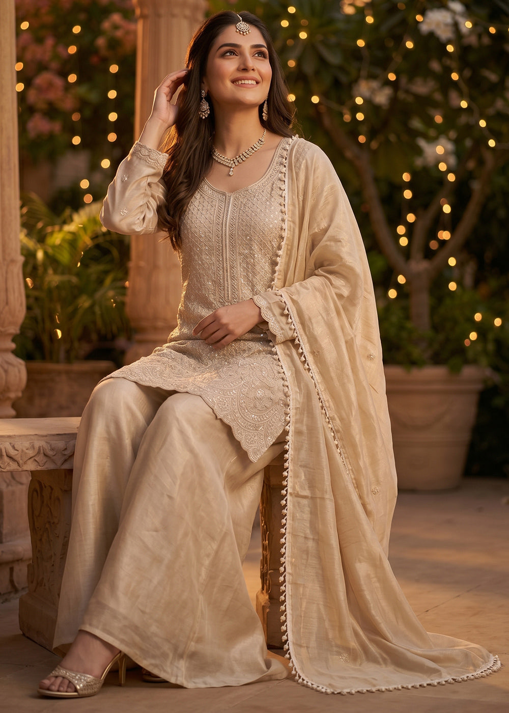 Beige Brown Chinon Silk Sharara Suit with Fine Hand-Beaded Detailing