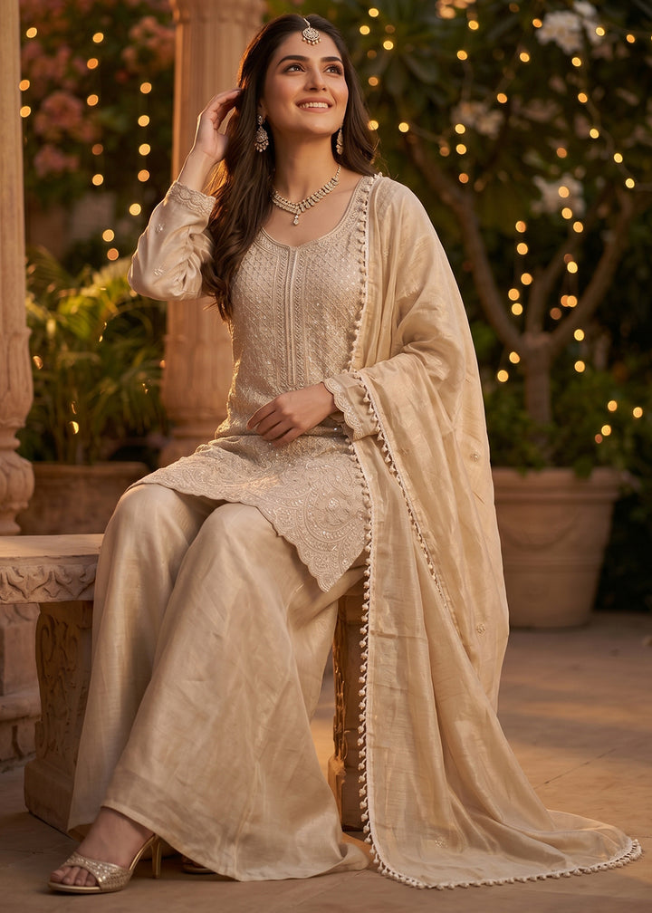 Beige Brown Chinon Silk Sharara Suit with Fine Hand-Beaded Detailing