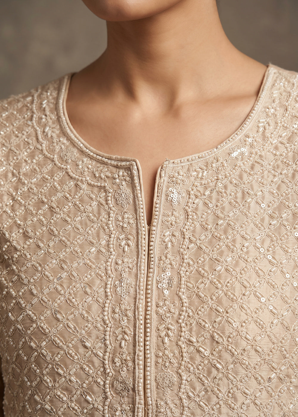 Beige Brown Chinon Silk Sharara Suit with Fine Hand-Beaded Detailing