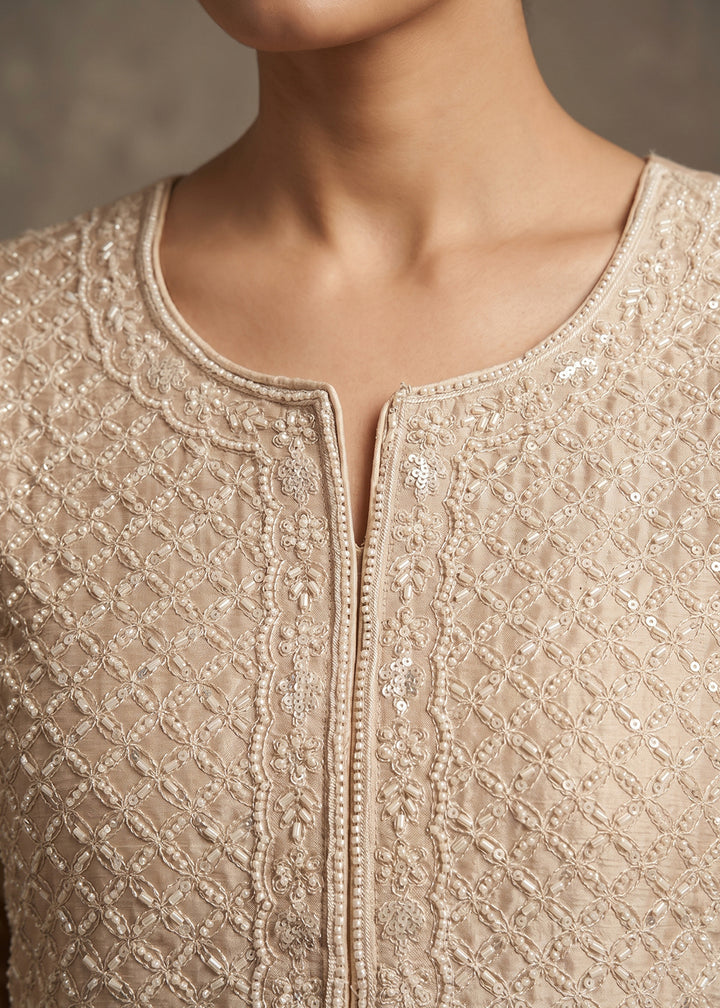 Beige Brown Chinon Silk Sharara Suit with Fine Hand-Beaded Detailing