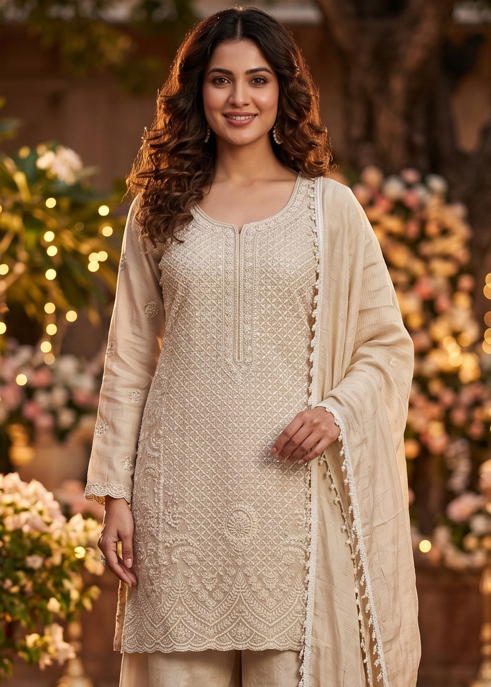 Beige Brown Chinon Silk Sharara Suit with Fine Hand-Beaded Detailing
