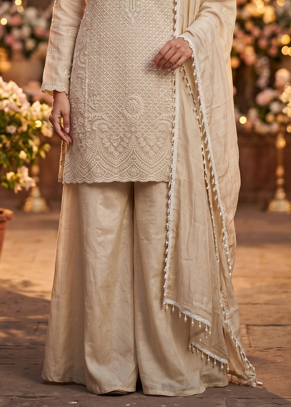 Beige Brown Chinon Silk Sharara Suit with Fine Hand-Beaded Detailing