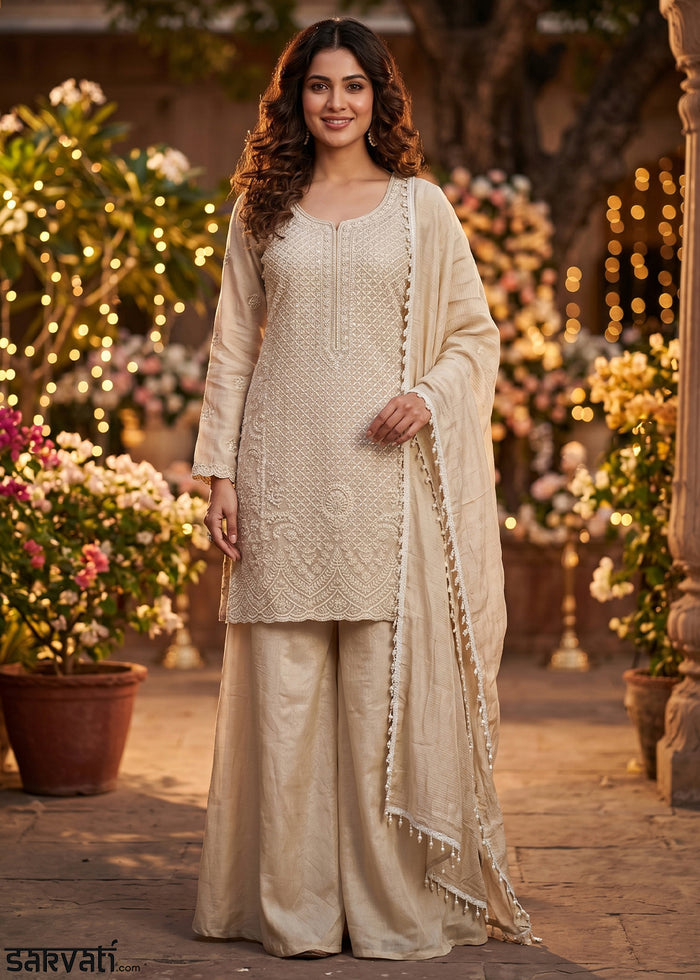 Beige Brown Chinon Silk Sharara Suit with Fine Hand-Beaded Detailing