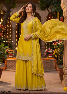 Aureolin Yellow Silk Palazzo Suit with Luxury Embroidered Detailing