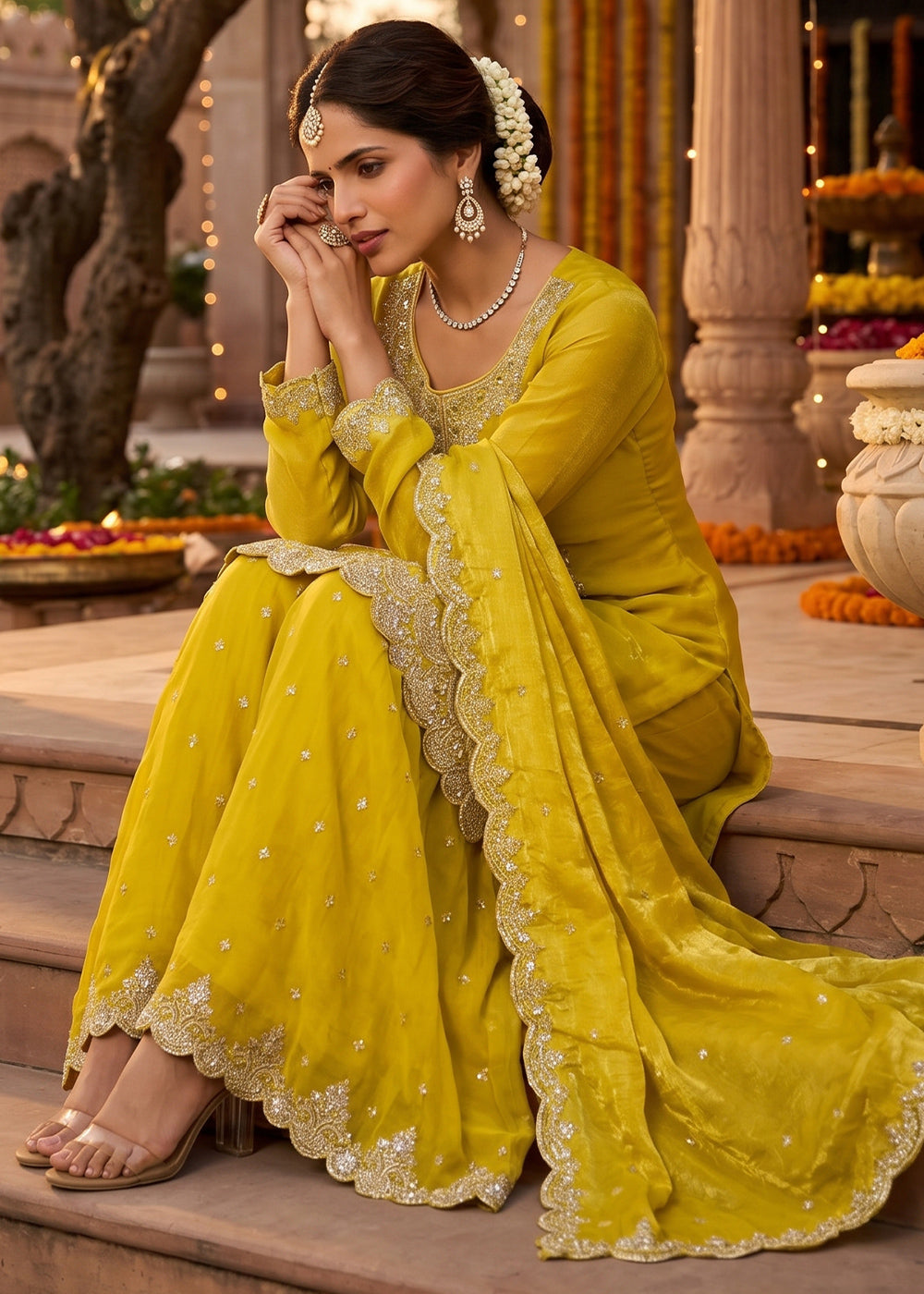 Aureolin Yellow Silk Palazzo Suit with Luxury Embroidered Detailing