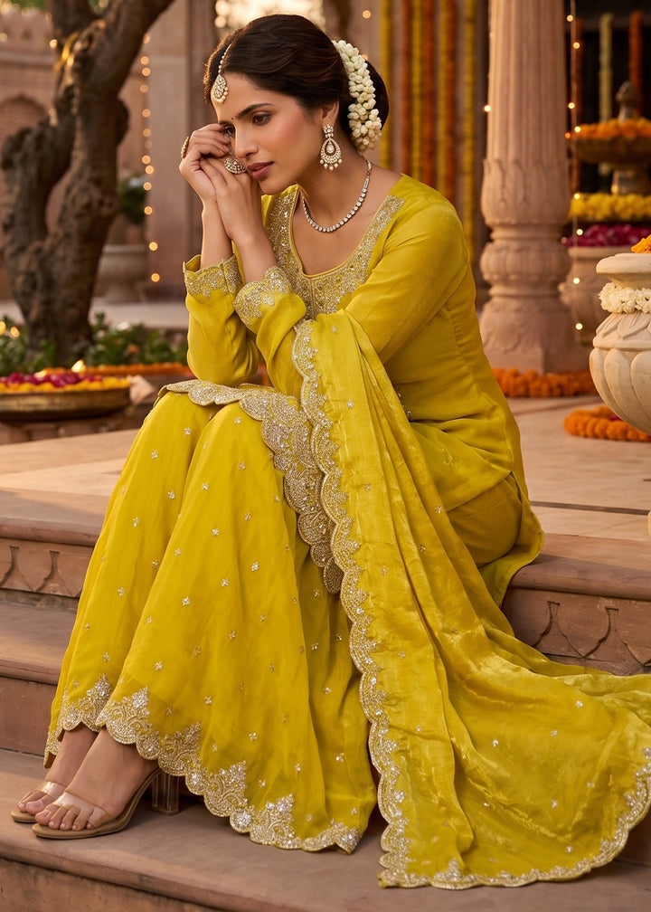 Aureolin Yellow Silk Palazzo Suit with Luxury Embroidered Detailing