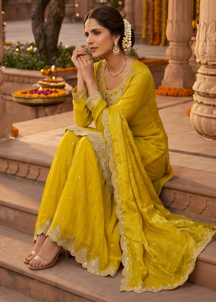 Aureolin Yellow Silk Palazzo Suit with Luxury Embroidered Detailing