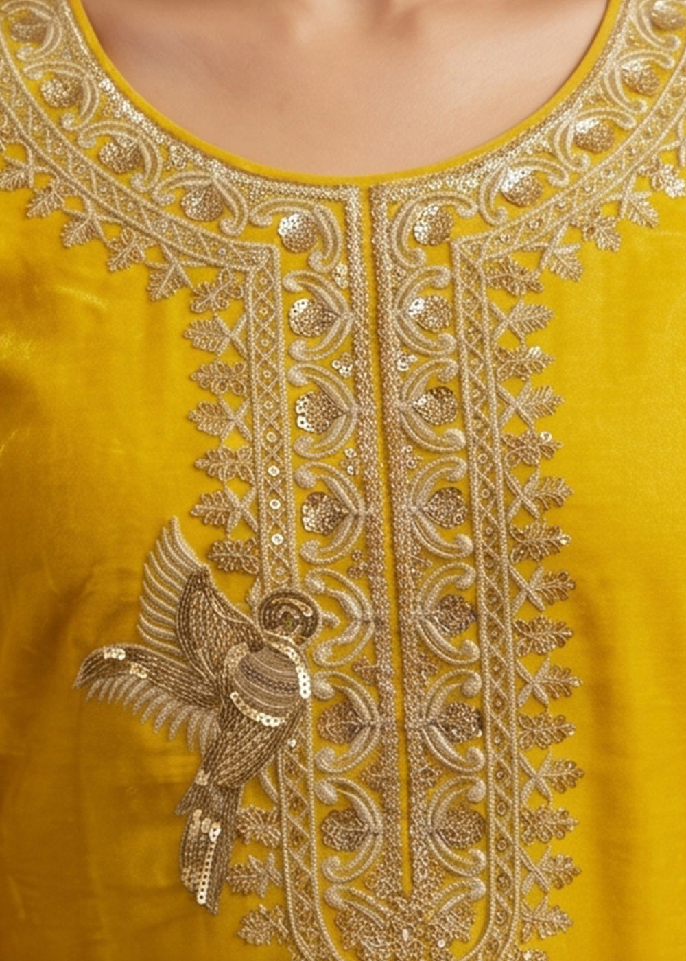 Aureolin Yellow Silk Palazzo Suit with Luxury Embroidered Detailing