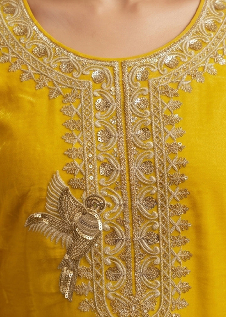 Aureolin Yellow Silk Palazzo Suit with Luxury Embroidered Detailing