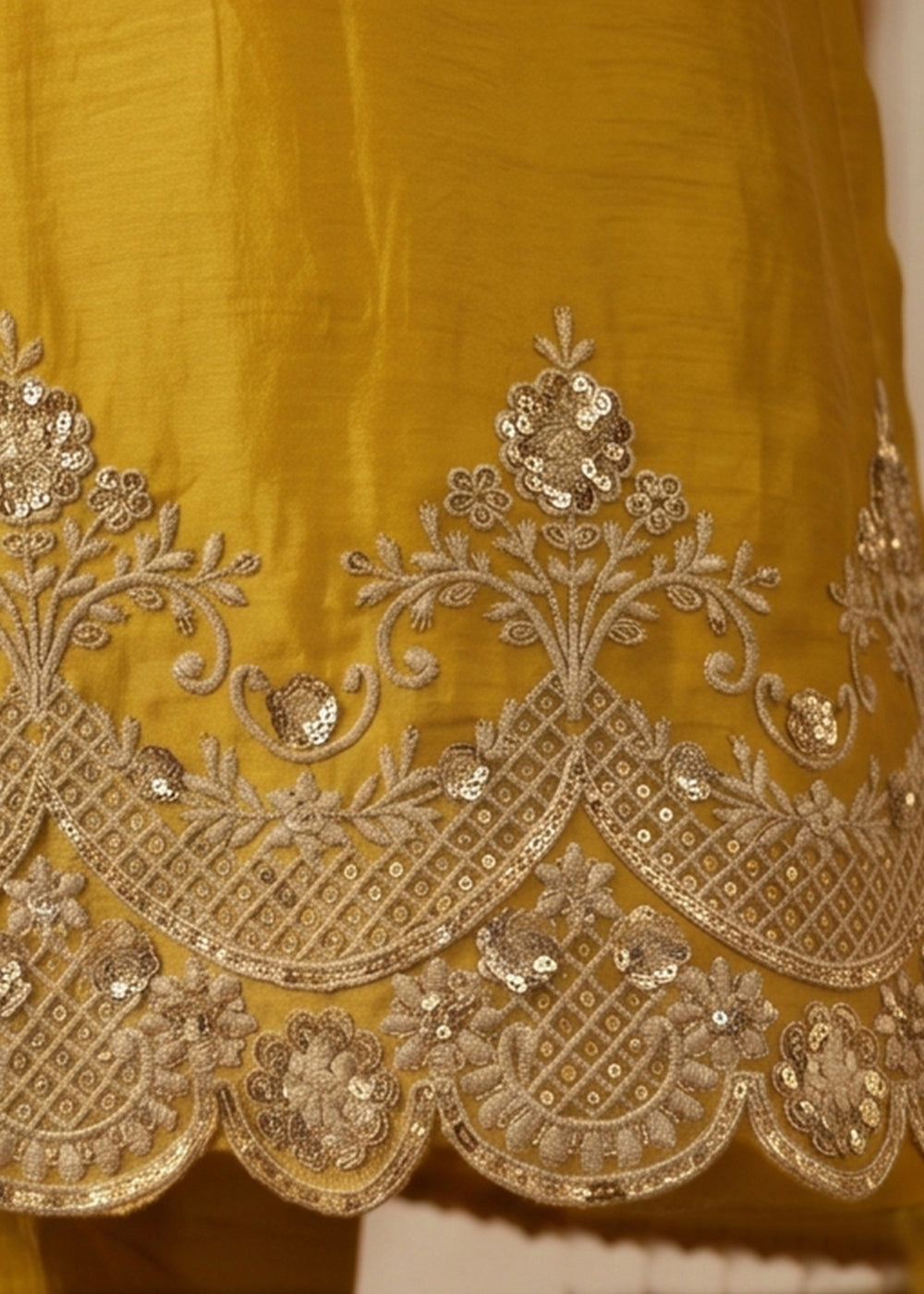 Aureolin Yellow Silk Palazzo Suit with Luxury Embroidered Detailing