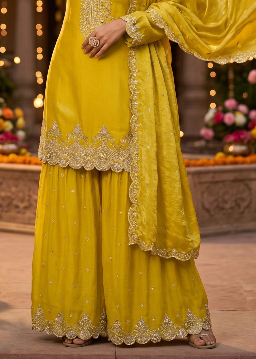 Aureolin Yellow Silk Palazzo Suit with Luxury Embroidered Detailing