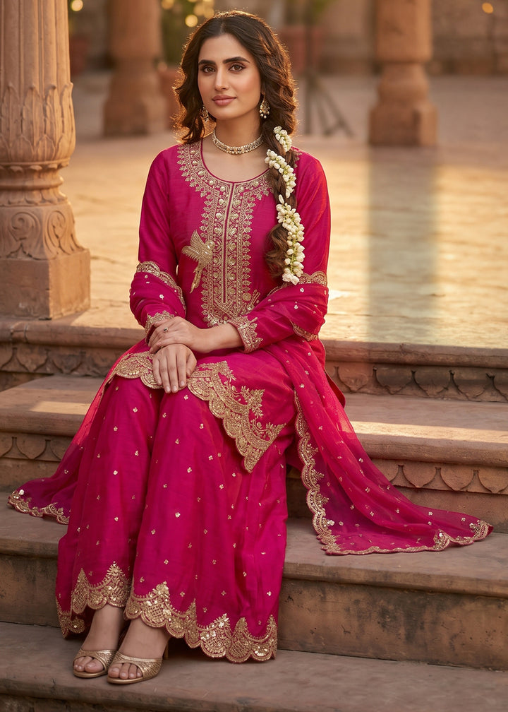 Magenta Pink Silk Palazzo Suit with Luxury Embroidered Detailing
