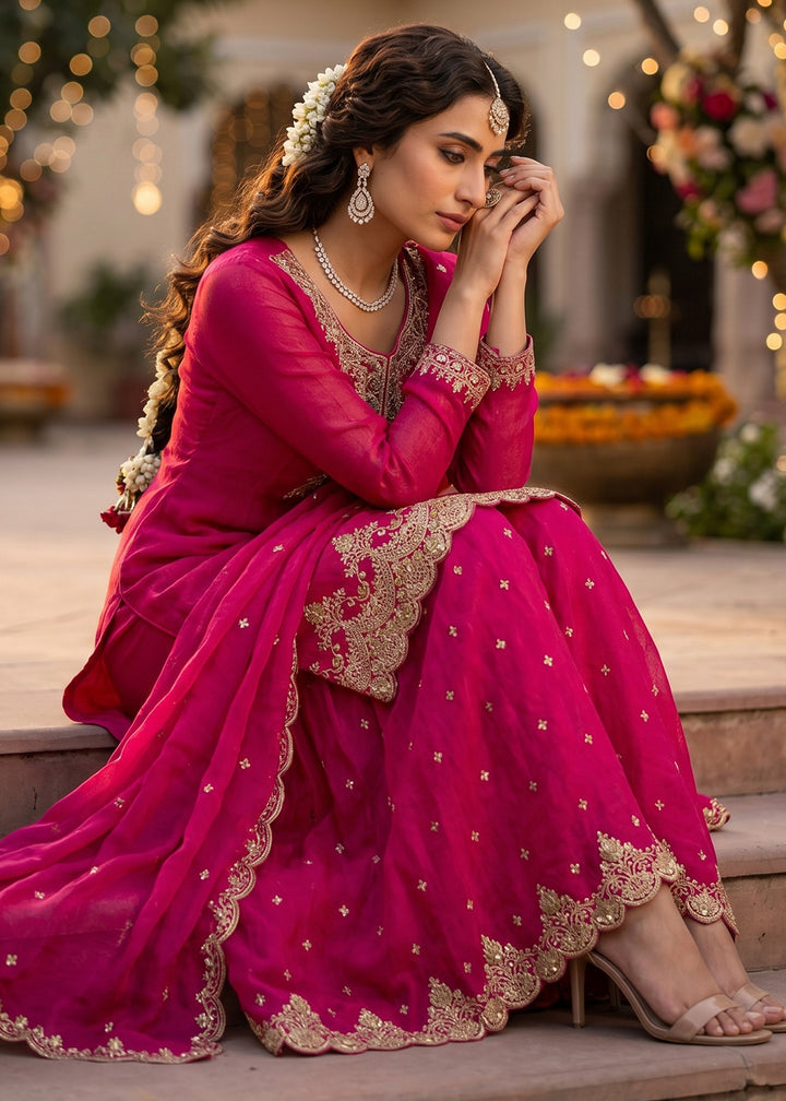 Magenta Pink Silk Palazzo Suit with Luxury Embroidered Detailing