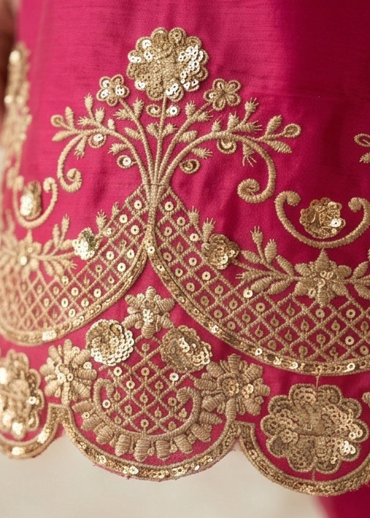 Magenta Pink Silk Palazzo Suit with Luxury Embroidered Detailing