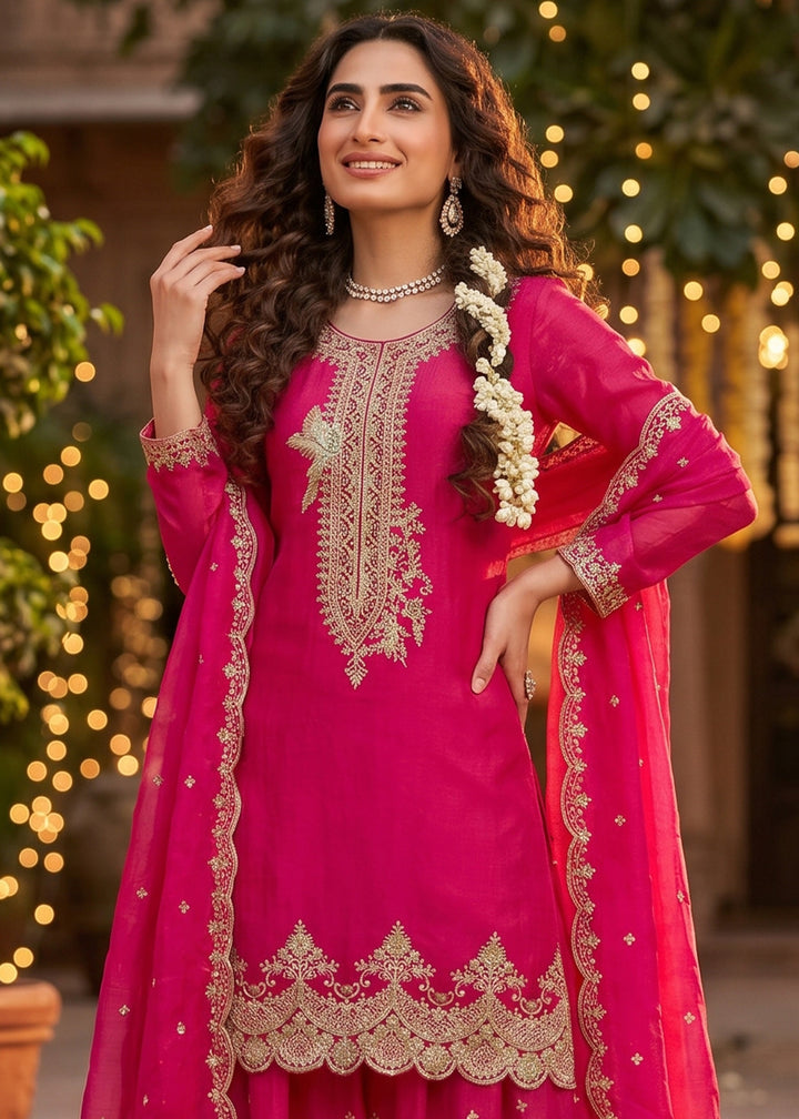 Magenta Pink Silk Palazzo Suit with Luxury Embroidered Detailing