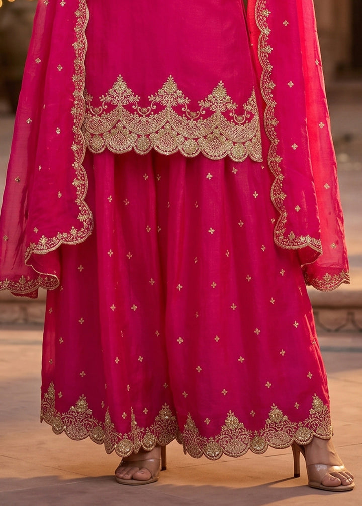 Magenta Pink Silk Palazzo Suit with Luxury Embroidered Detailing