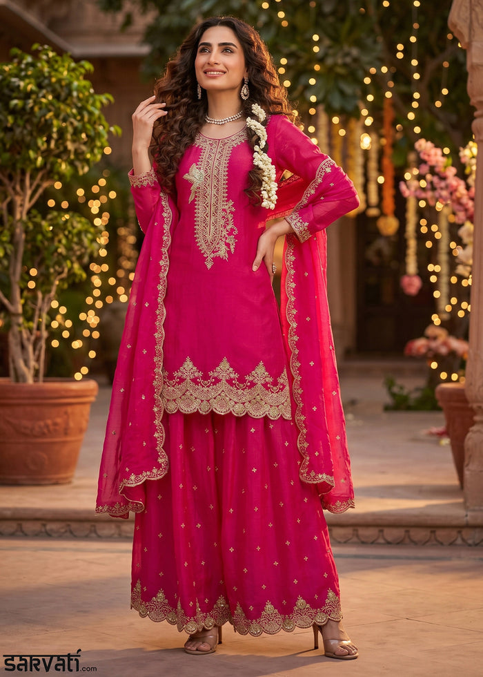 Magenta Pink Silk Palazzo Suit with Luxury Embroidered Detailing