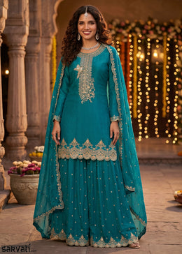 Pacific Blue Silk Palazzo Suit with Luxury Embroidered Detailing