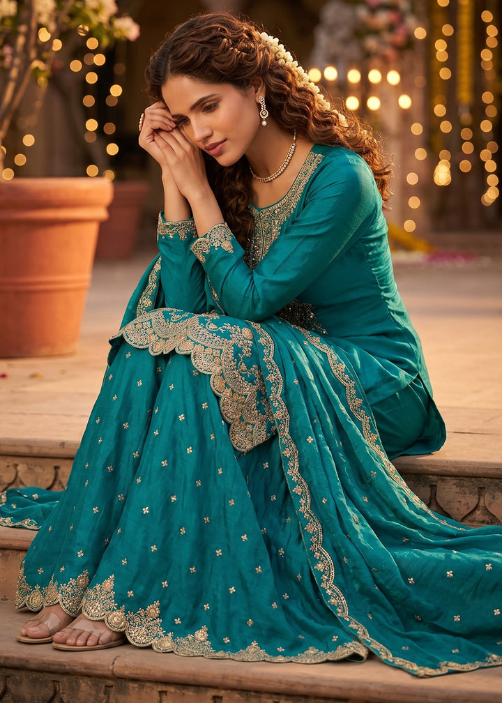 Pacific Blue Silk Palazzo Suit with Luxury Embroidered Detailing