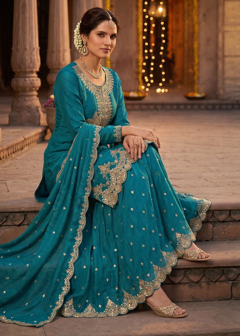 Pacific Blue Silk Palazzo Suit with Luxury Embroidered Detailing
