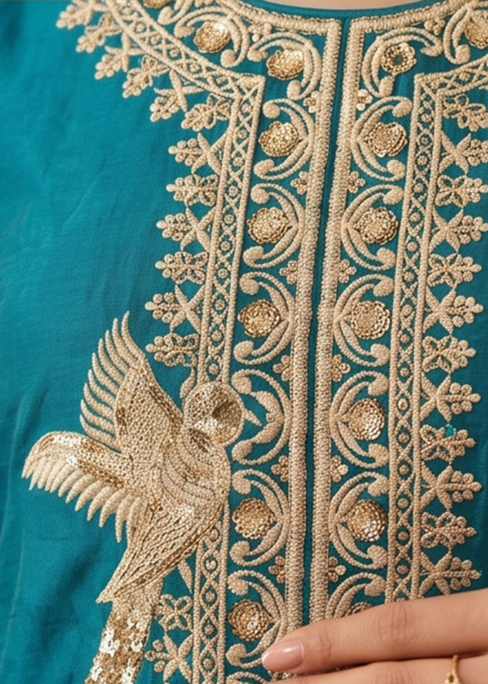 Pacific Blue Silk Palazzo Suit with Luxury Embroidered Detailing