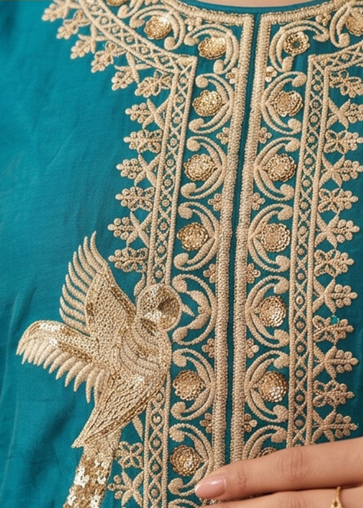 Pacific Blue Silk Palazzo Suit with Luxury Embroidered Detailing
