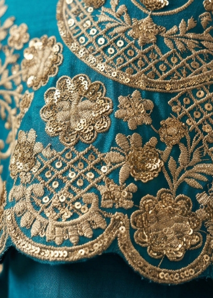 Pacific Blue Silk Palazzo Suit with Luxury Embroidered Detailing
