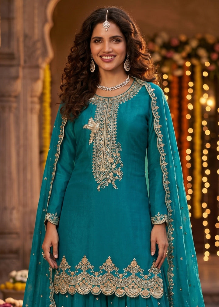 Pacific Blue Silk Palazzo Suit with Luxury Embroidered Detailing