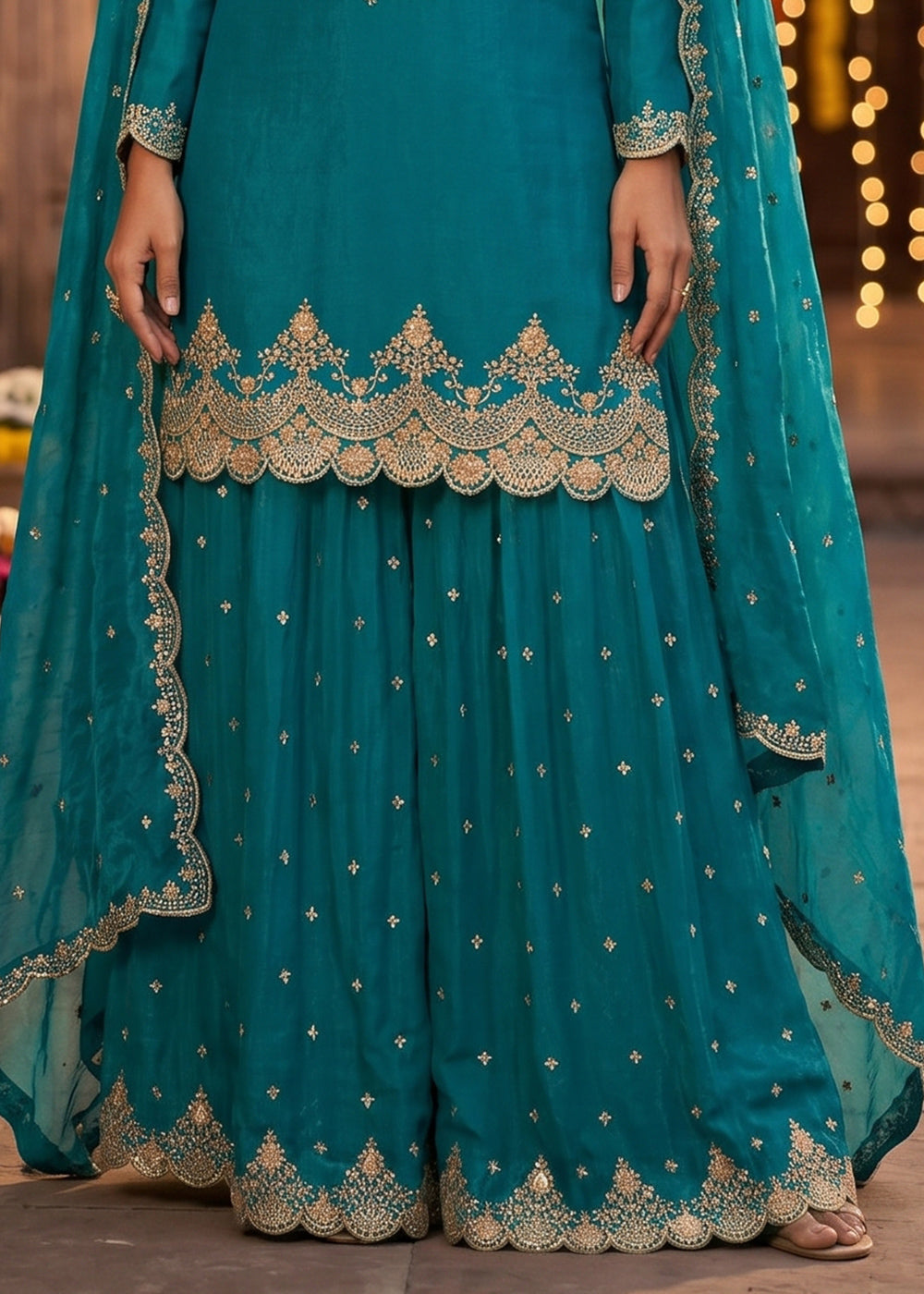 Pacific Blue Silk Palazzo Suit with Luxury Embroidered Detailing