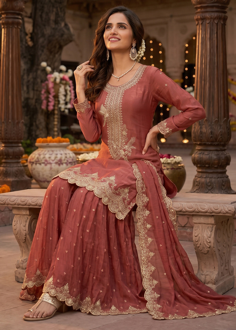 Chestnut Brown Silk Palazzo Suit with Luxury Embroidered Detailing