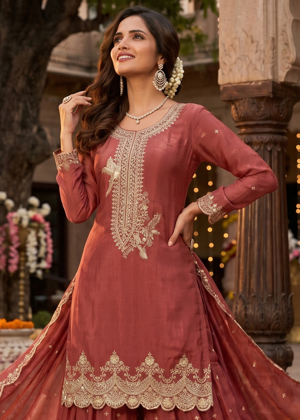 Chestnut Brown Silk Palazzo Suit with Luxury Embroidered Detailing