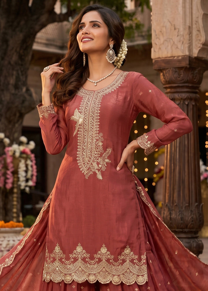Chestnut Brown Silk Palazzo Suit with Luxury Embroidered Detailing