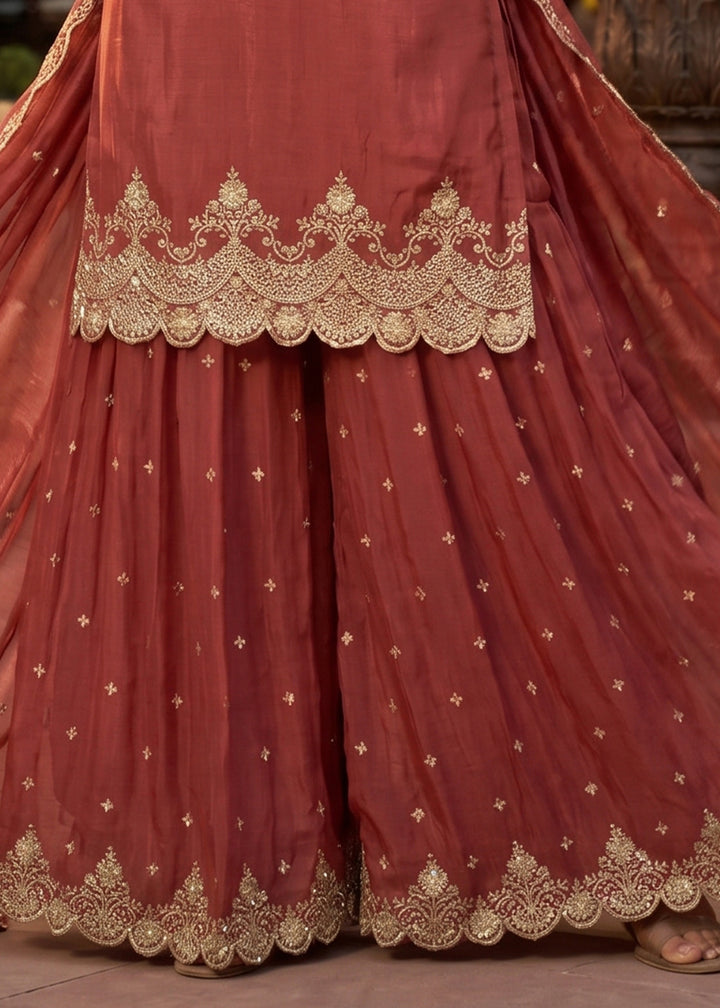 Chestnut Brown Silk Palazzo Suit with Luxury Embroidered Detailing