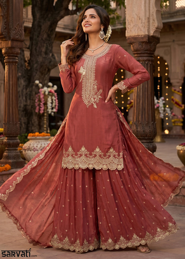 Chestnut Brown Silk Palazzo Suit with Luxury Embroidered Detailing