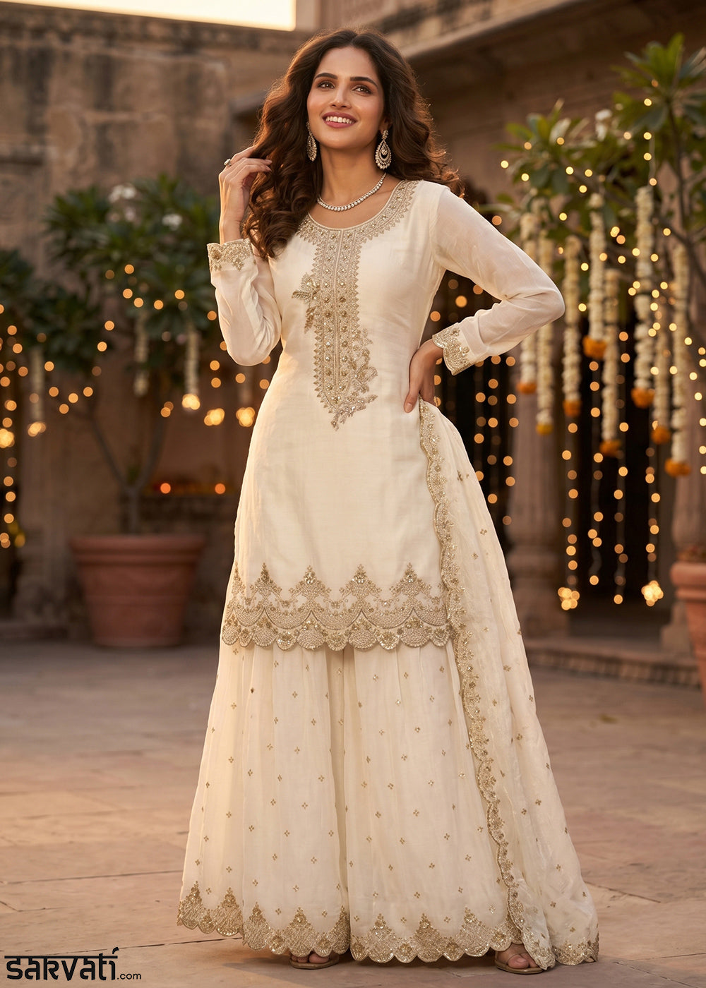 Cream White Silk Palazzo Suit with Luxury Embroidered Detailing