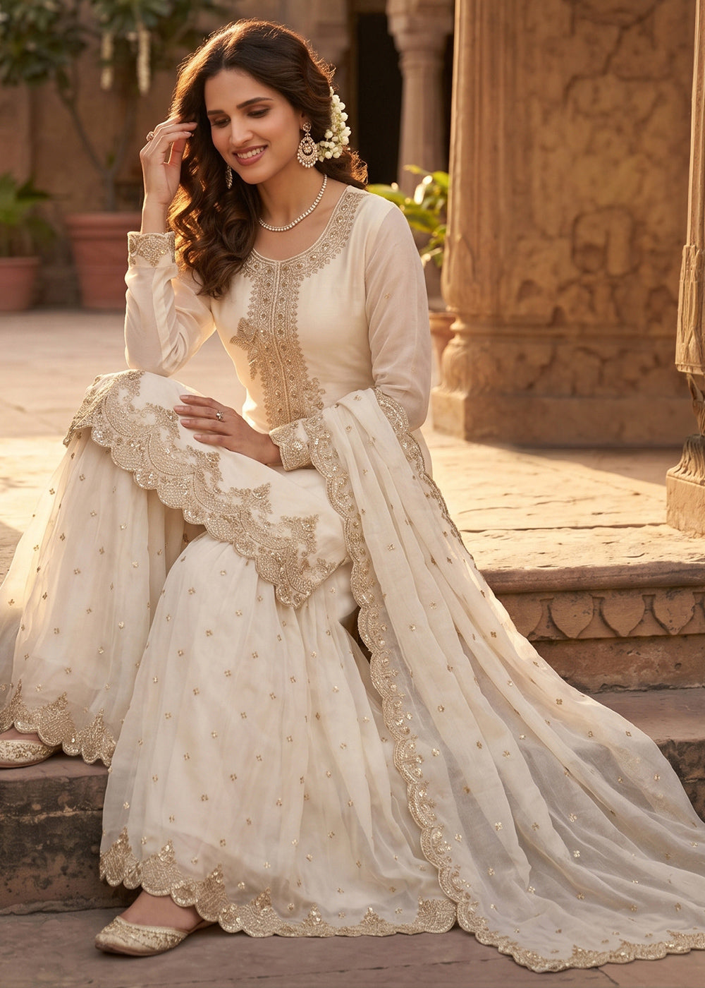 Cream White Silk Palazzo Suit with Luxury Embroidered Detailing