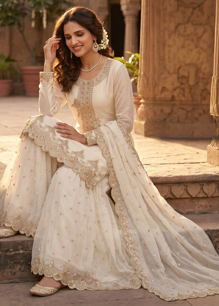 Cream White Silk Palazzo Suit with Luxury Embroidered Detailing