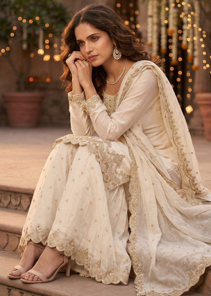 Cream White Silk Palazzo Suit with Luxury Embroidered Detailing