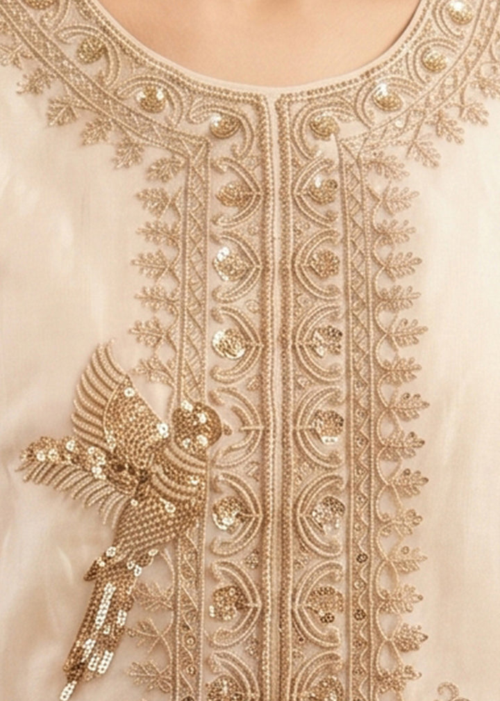 Cream White Silk Palazzo Suit with Luxury Embroidered Detailing