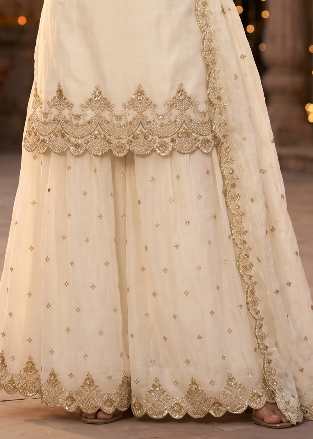 Cream White Silk Palazzo Suit with Luxury Embroidered Detailing