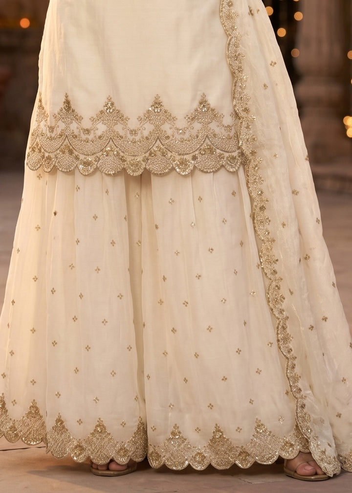 Cream White Silk Palazzo Suit with Luxury Embroidered Detailing