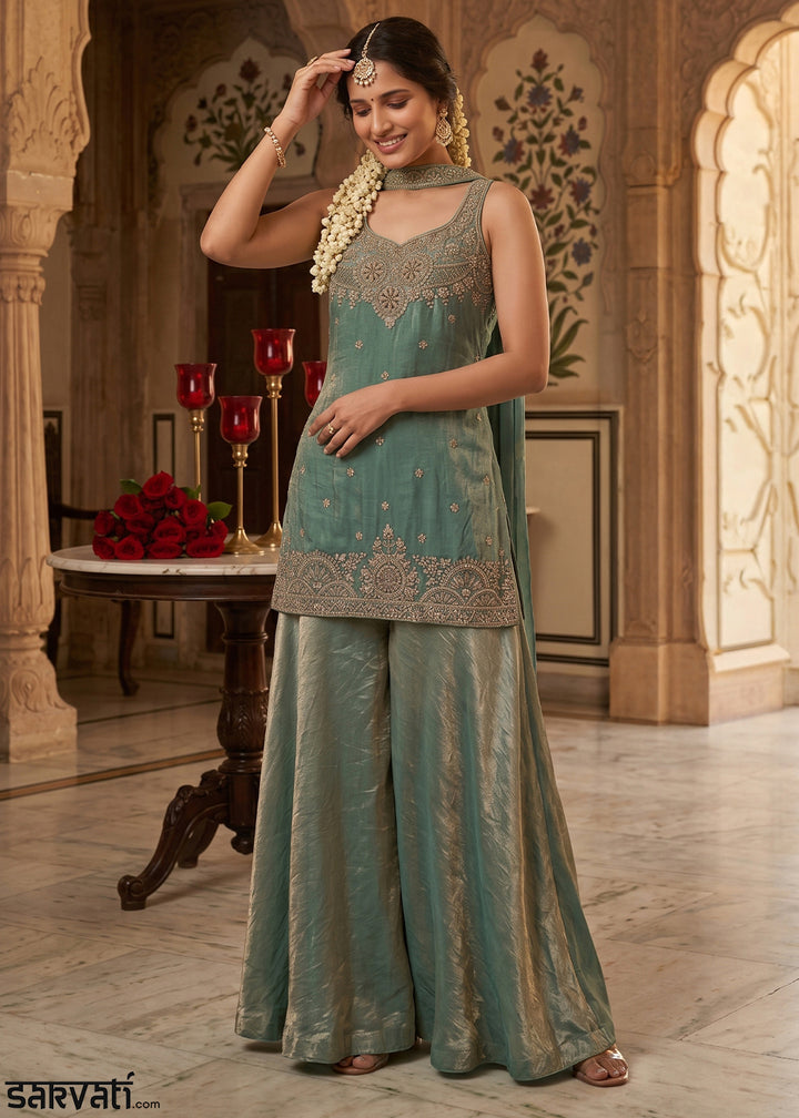 Shades of Green Silk Festive Palazzo Suit with Exquisite Embroidery