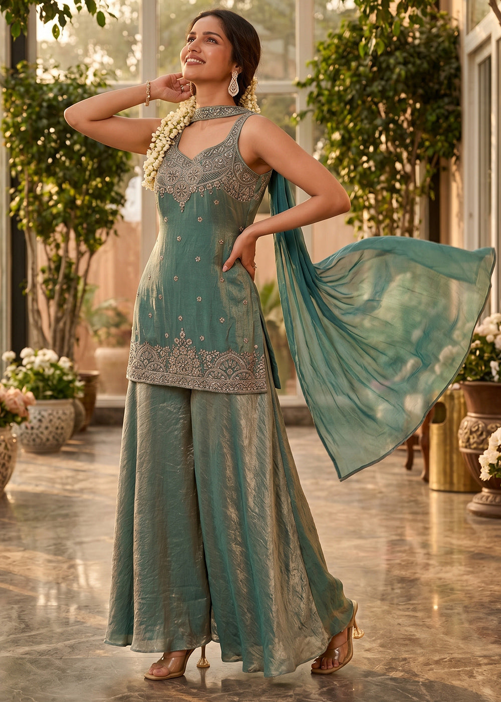 Shades of Green Silk Festive Palazzo Suit with Exquisite Embroidery