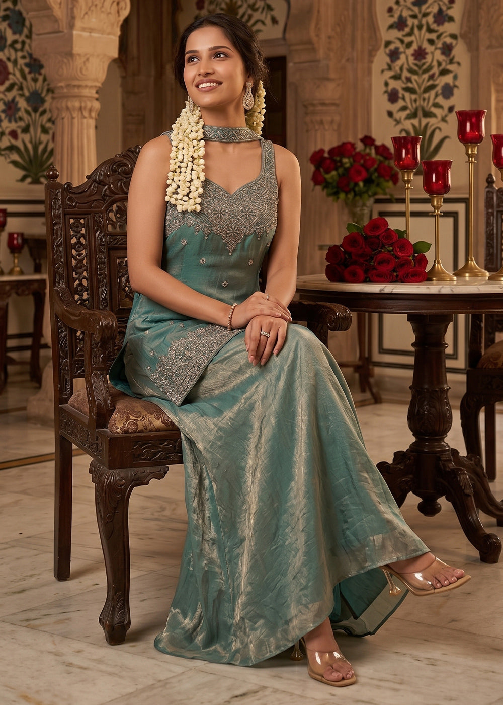 Shades of Green Silk Festive Palazzo Suit with Exquisite Embroidery