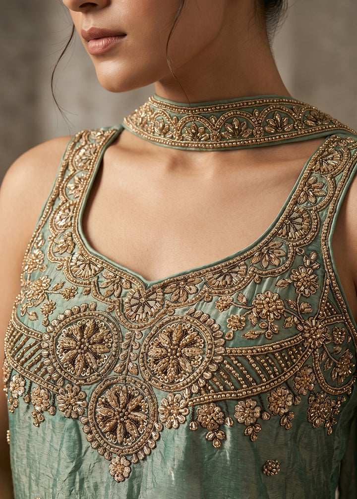 Shades of Green Silk Festive Palazzo Suit with Exquisite Embroidery