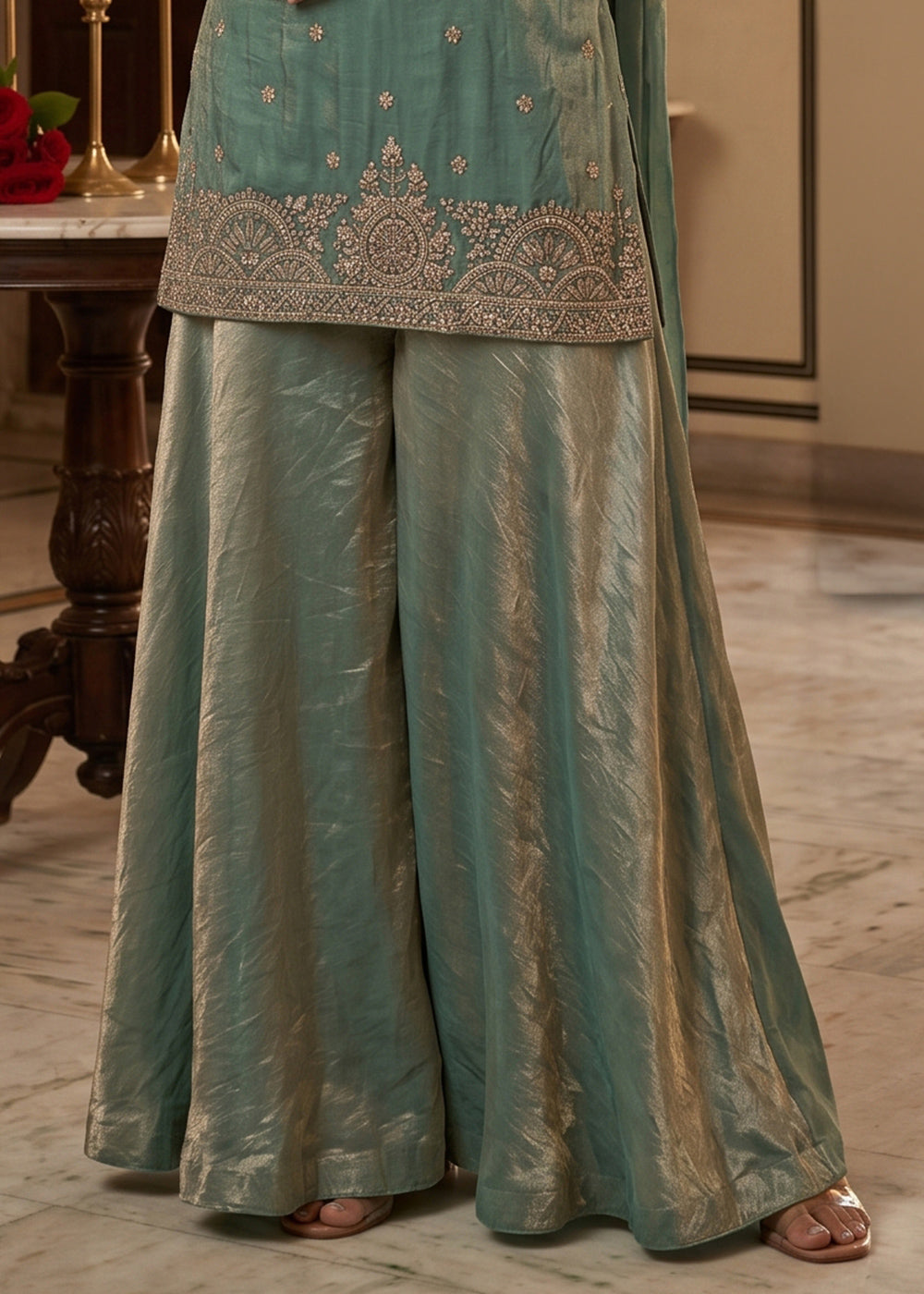 Shades of Green Silk Festive Palazzo Suit with Exquisite Embroidery