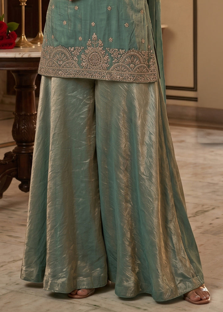 Shades of Green Silk Festive Palazzo Suit with Exquisite Embroidery