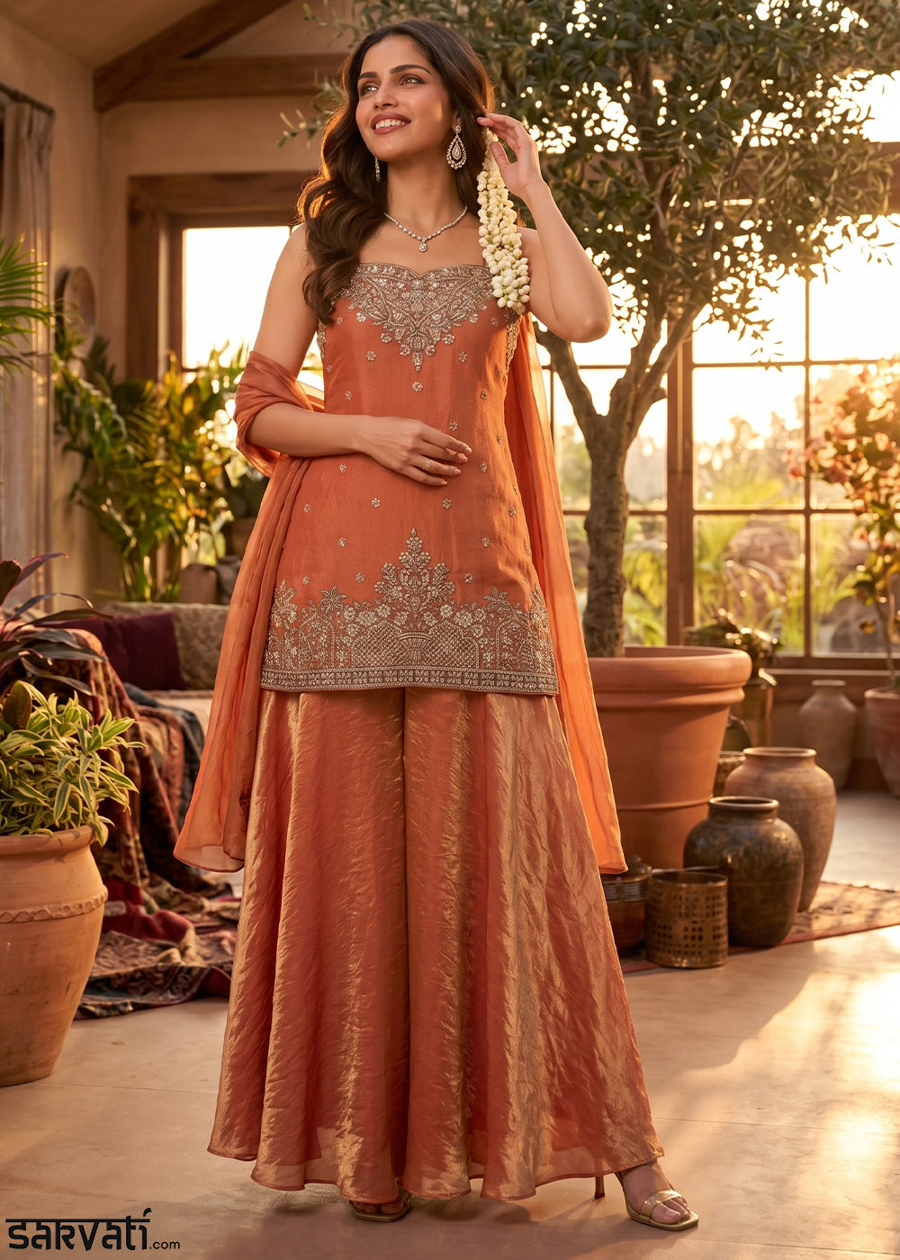 Dark Orange Silk Festive Palazzo Suit with Exquisite Embroidery